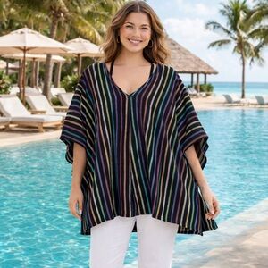 Vibrant Pastel Rainbow & Black Striped V-Neck Tunic Kaftan Top